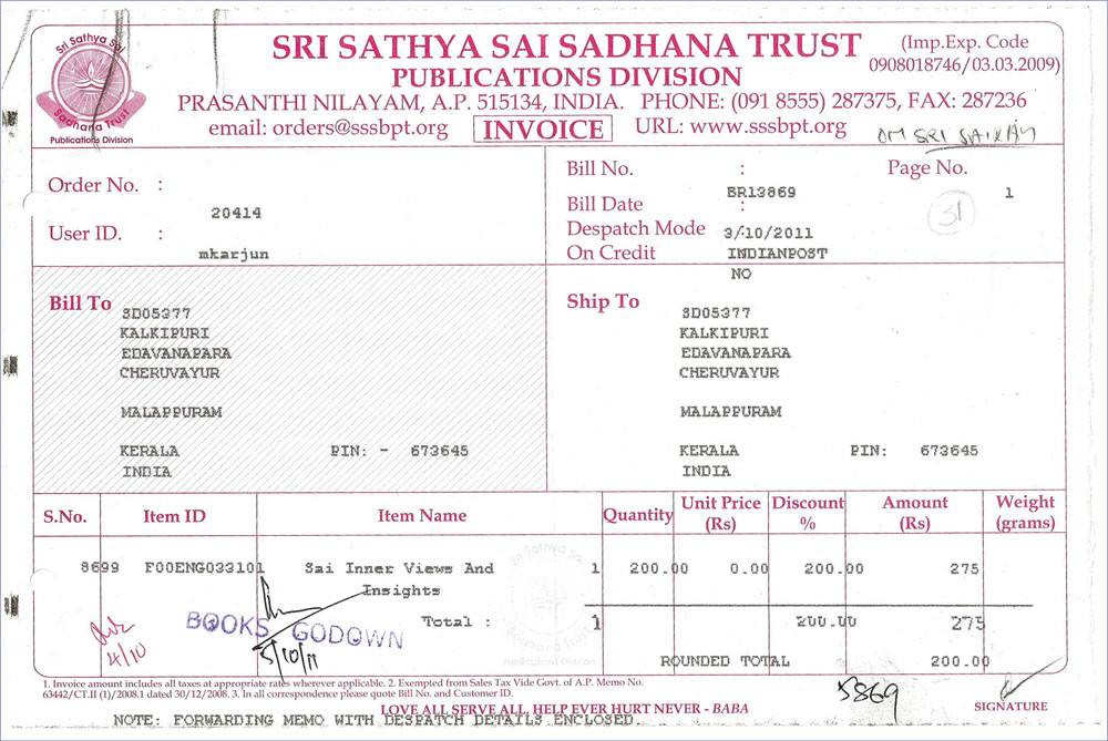 63 img. (Figure 3) Invoice (dated 3 Oct 2010) of “Sai Inner Views and Insights. Overseas Edition.” (written by Howard Murphet and published by Leela Press, America in 1996) bought from Sathya Sai Sadhana Trust at Puttaparthi.
