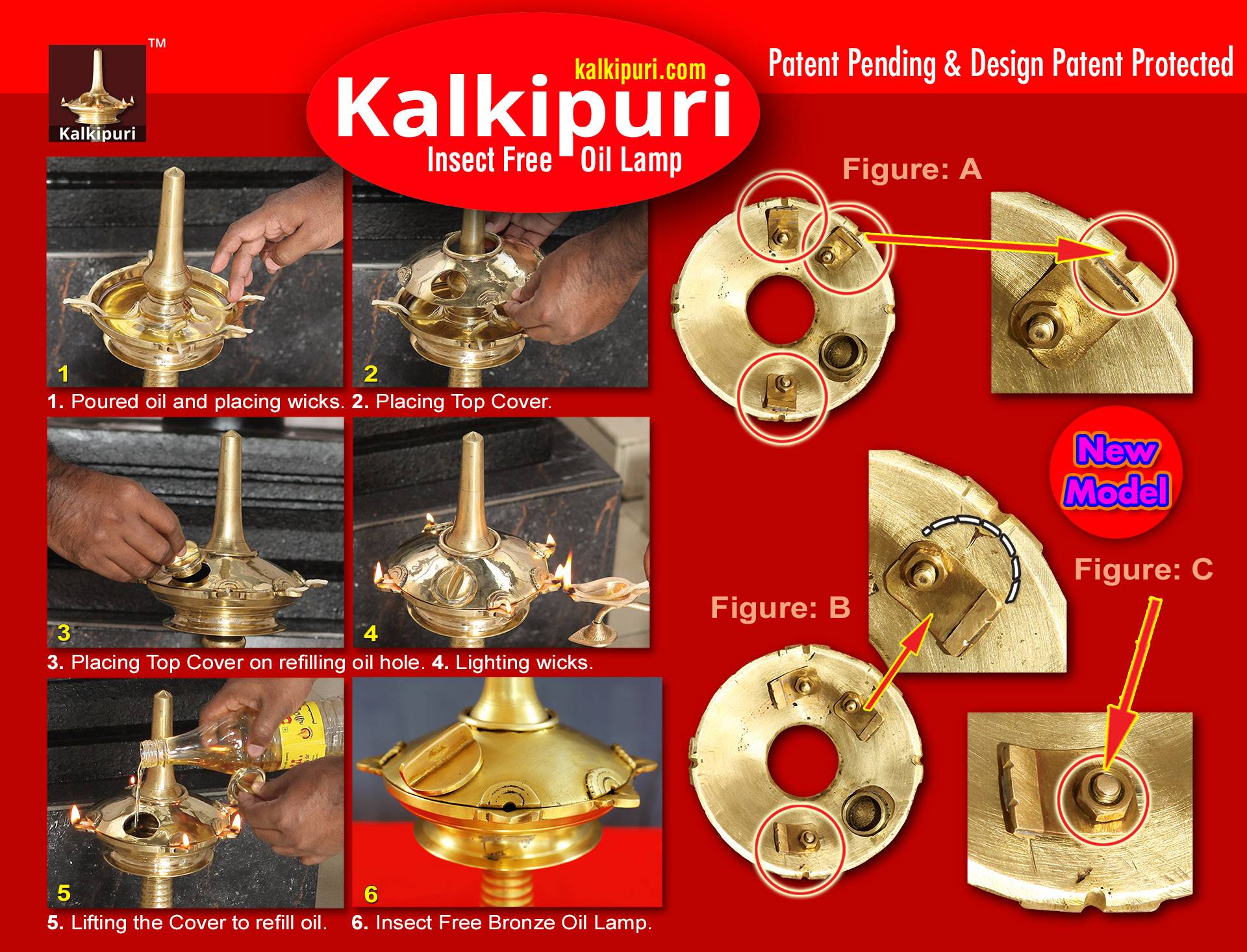 Kalkipuri Insect Free Bronze Oil Lamp. Bronze Lid with special arrangements for oil Lamp to make it insect free. Patent pending. Design patent No.225592. Newly modified design patent protected. Inventor: Kalki, Kalkipuri, Edavannappara, Malappuram-673645, Kerala, India. kalkipuri.com.