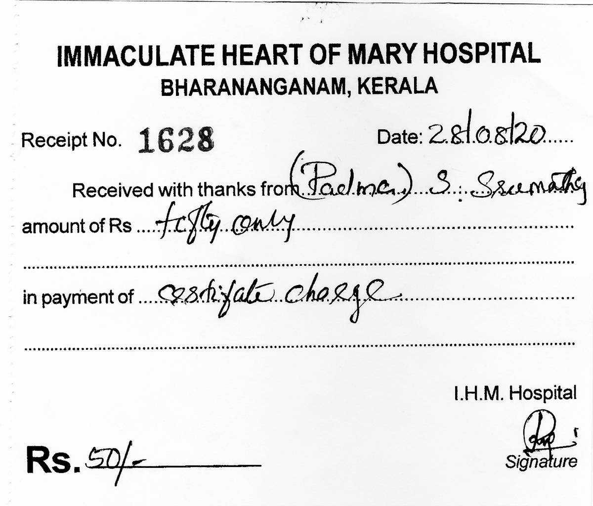 scan Receipt BW Birth Certificate 4 Apr 1970 dt. 28 Aug 2020 IHM Hospital, Bharananganam, Pala, Kottayam Dt.